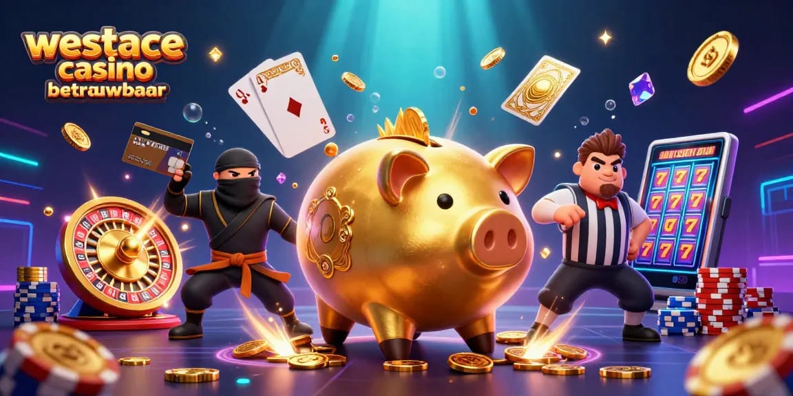 Beleef de spanning van westace casino betrouwbaar met een kleurrijke 3D-scène van casino actie, vol gouden munten.