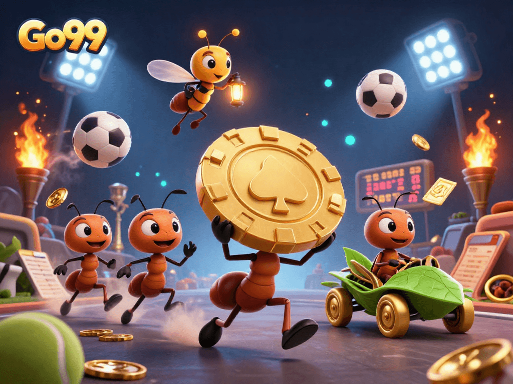 Go99's dynamic heist scene featuring ants, sports balls, and a lush backdrop.