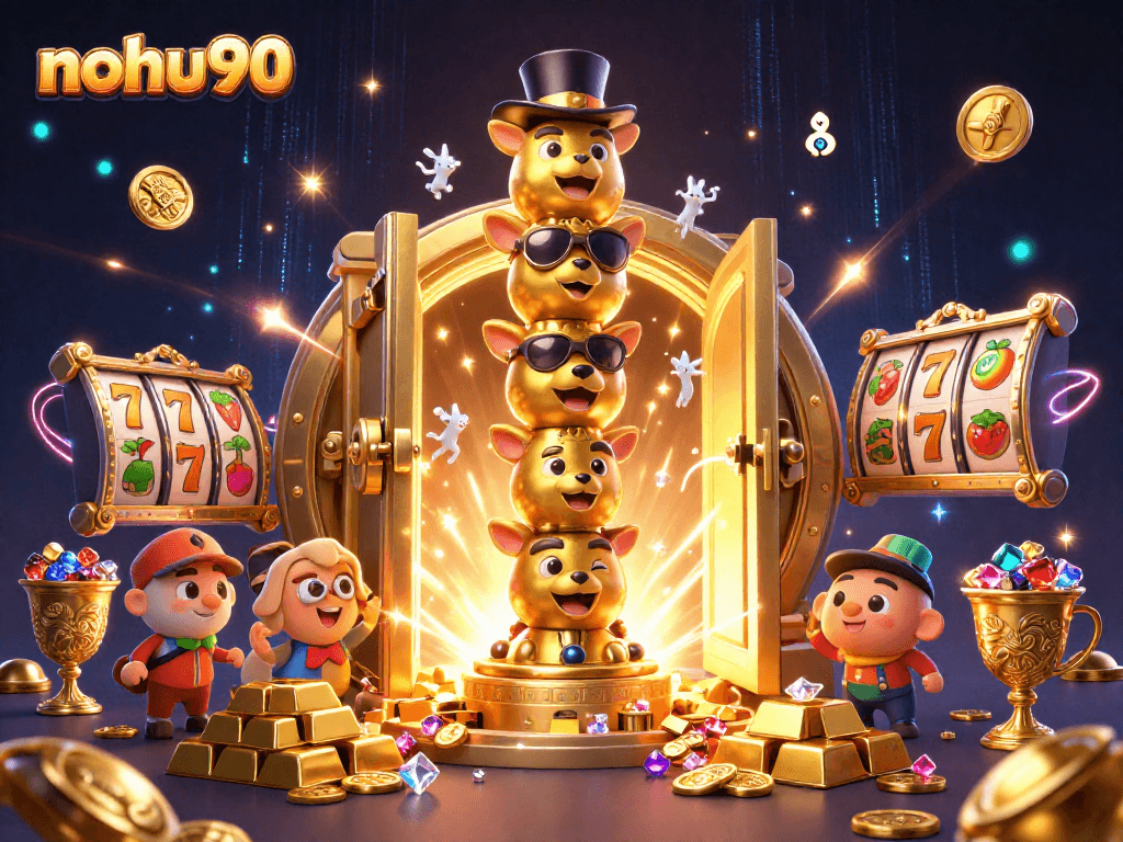 Engage with nohu90's vibrant casino scene featuring a golden totem pole and treasure vault.