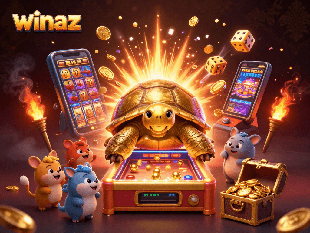 Winaz gaming experience with a colossal golden tortoise and a jackpot slot machine in vibrant 3D.