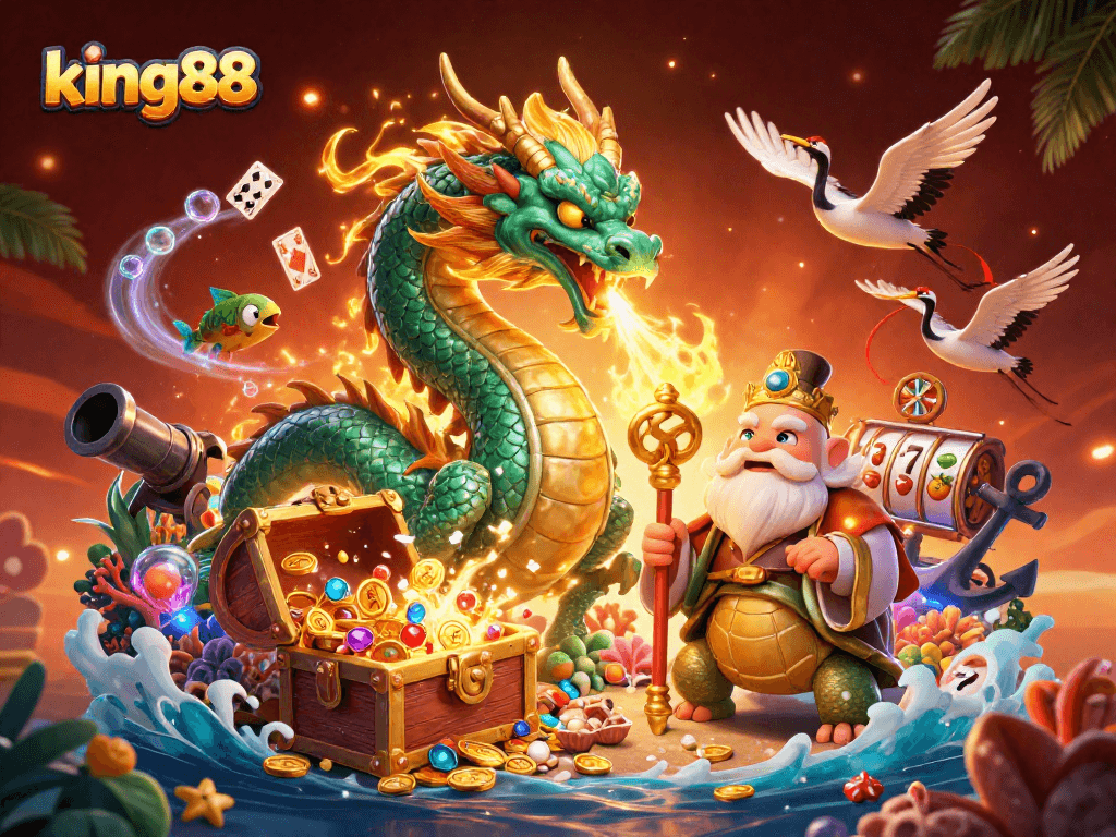 Experience the thrill of king88 with a dramatic 3D illustration of a dragon, sage, and lucky cranes.