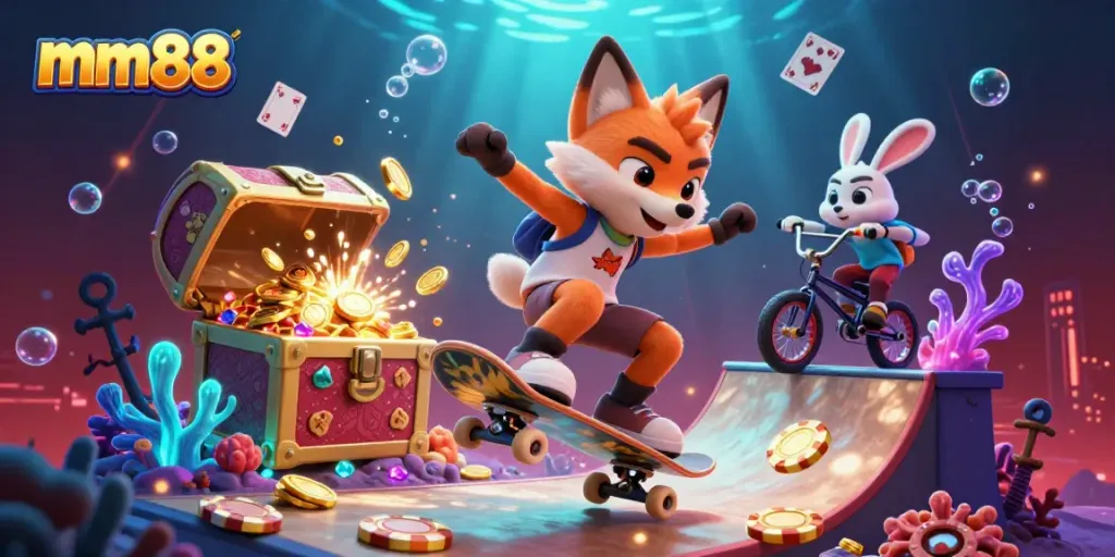 Experience mm88 through a thrilling 3D illustration of a fox and rabbit at a colorful casino-themed skateboard ramp.