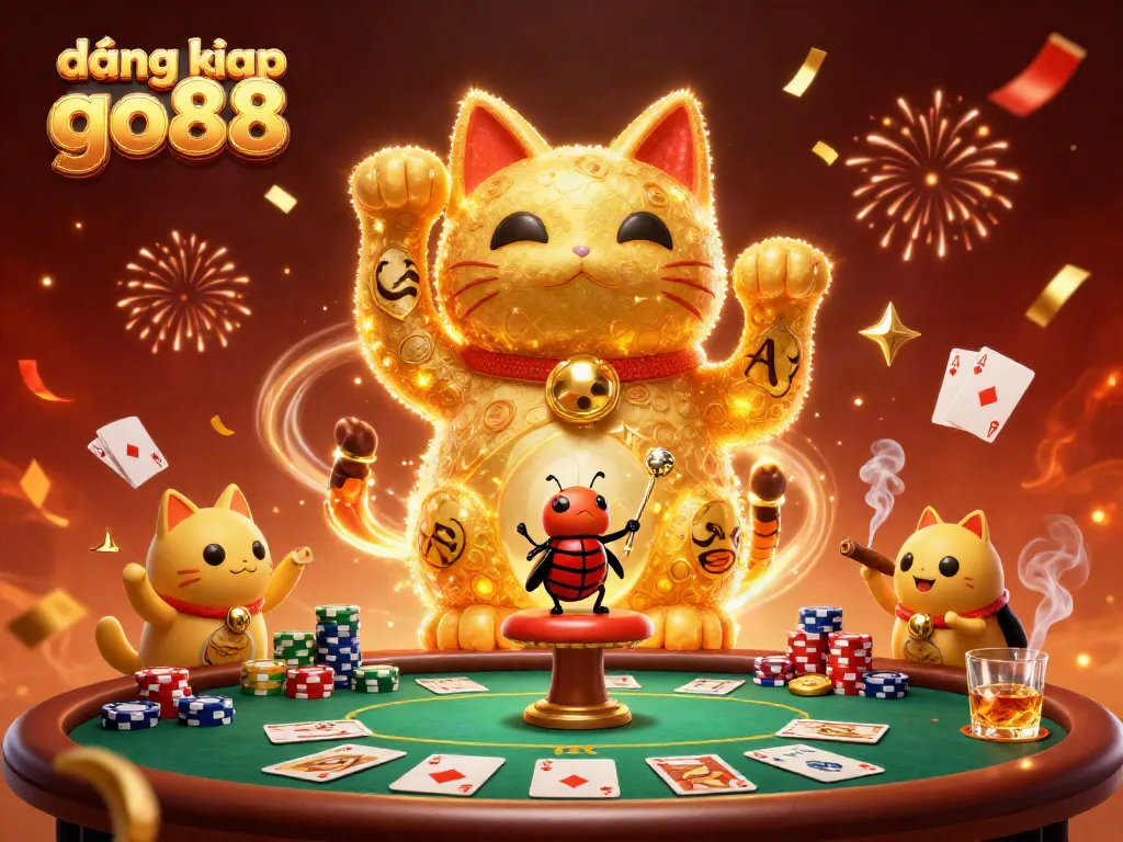 Experience the thrill of đăng nhập go88 with a vibrant 3D illustration showcasing a lucky cat and casino symbols.