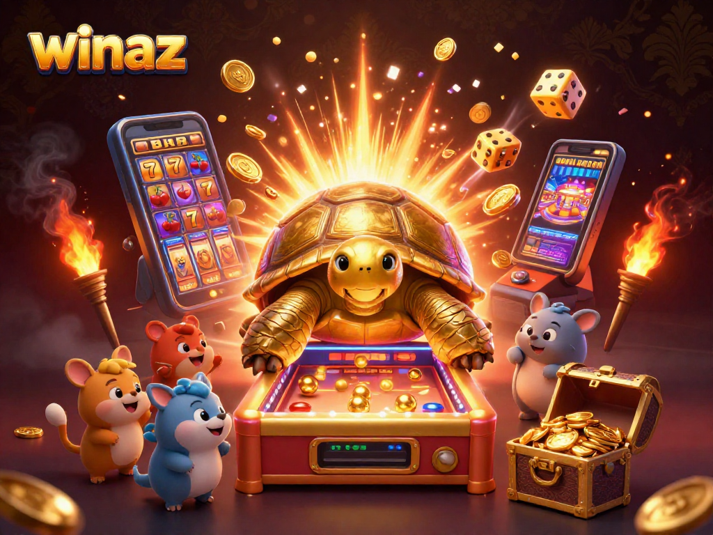 Winaz gaming experience with a colossal golden tortoise and a jackpot slot machine in vibrant 3D.