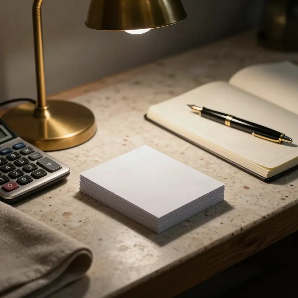 Werktafel met calculator, offerkaarten, pen en lamp op travertin in warm licht.