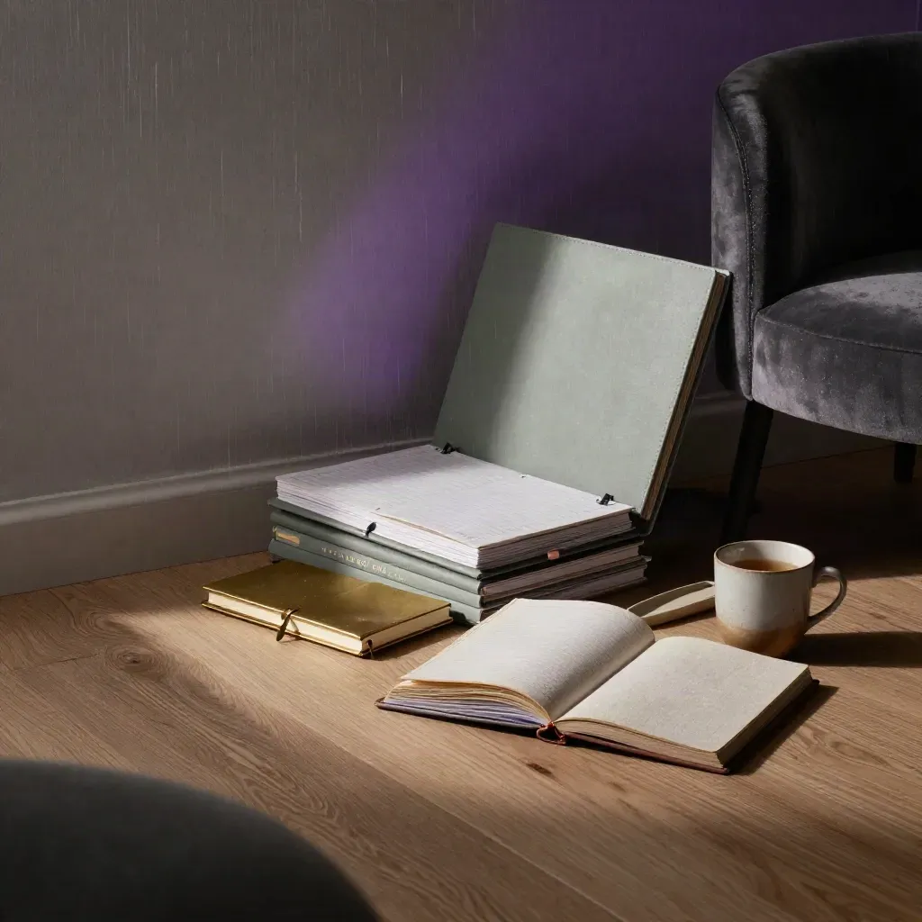 Stijlvolle coachinghoek met planners, notebook, mok en zachte stoel in sfeervol licht.