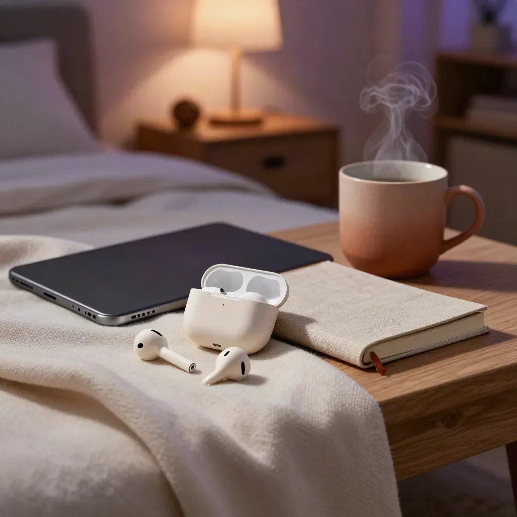 Accessoire-set voor online cursus met oordopjes, tablet, notitieboek en mok op wollen plaid