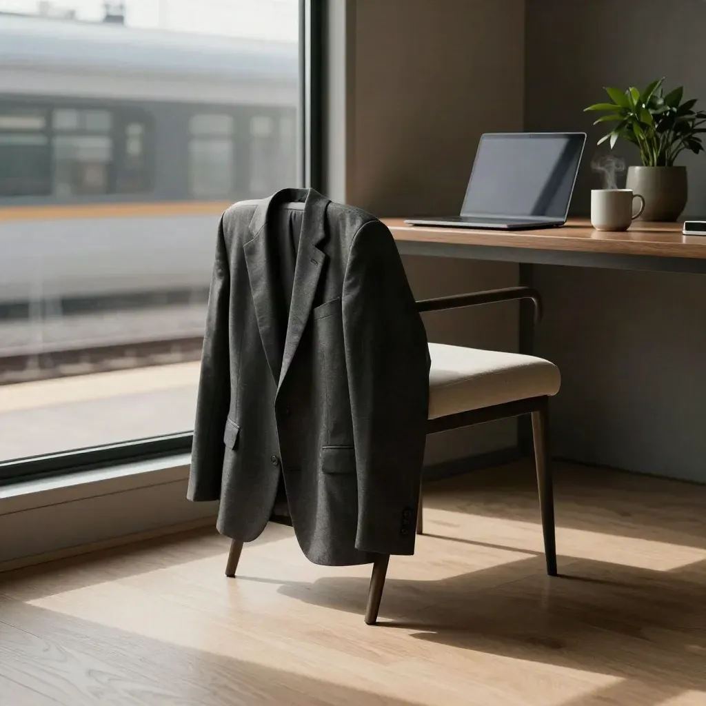 Werkplek bij treinraam met blazer, gesloten laptop, mok en plant in koel ochtendlicht.
