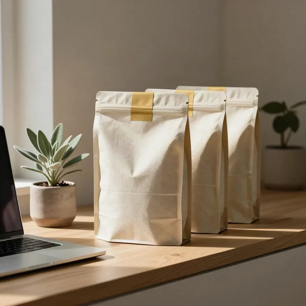 Opgeruimde founder werkplek met onboardingpakketten, gesloten laptop en plant in een studiohoek.