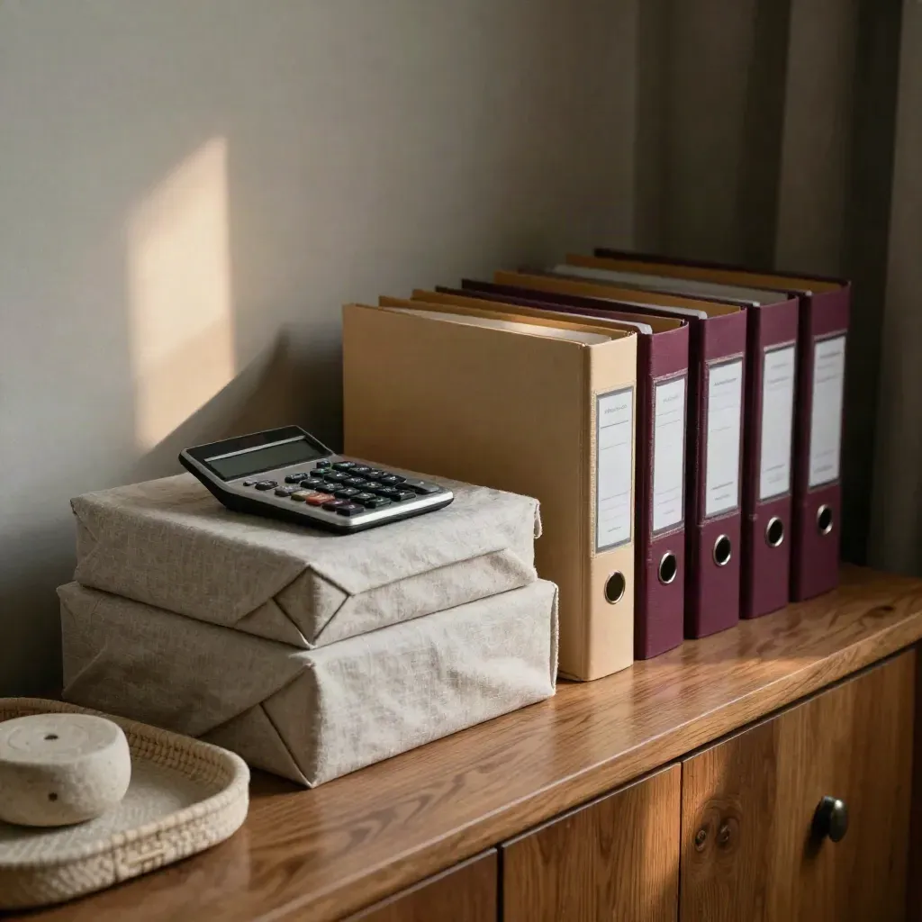 Gevouwen mappen, rekenmachine en serviceboxen op een warme plank in zacht middaglicht.