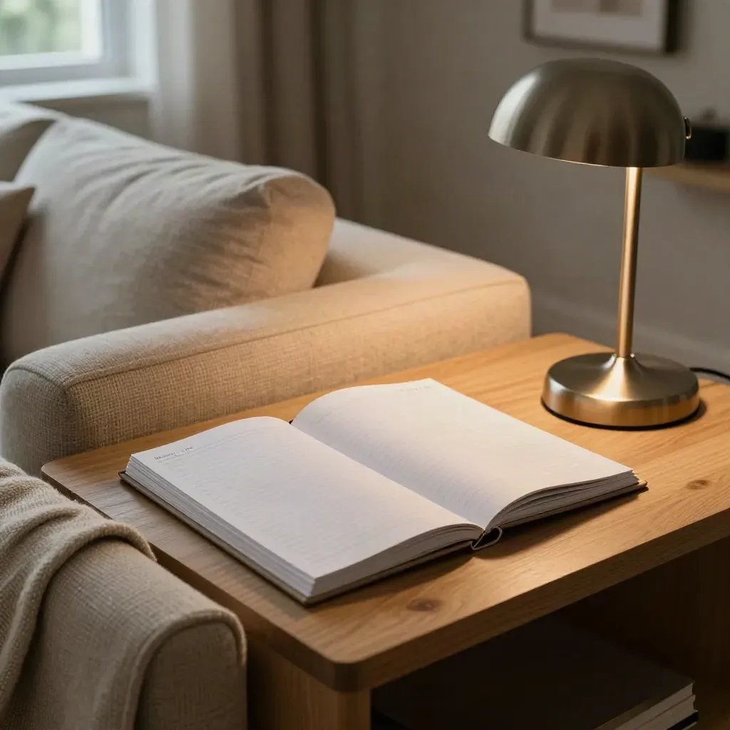 Rustige avondscene met planner, slippers, notebook en gedimde vloerlamp naast de bank.