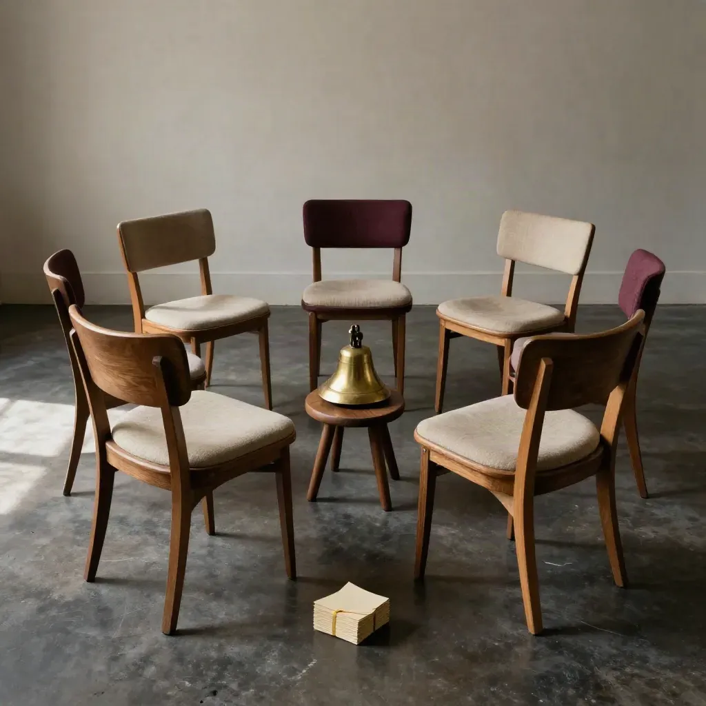 Lege workshopcirkel met stoelen, bel en cue cards in zacht daglicht.