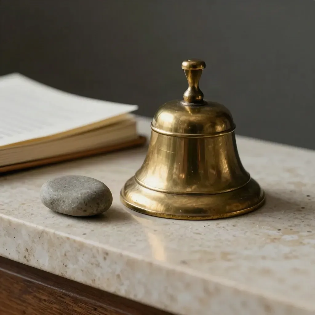 Brass deskbel naast een gladde worry stone en linnen notebookhoes in macrodetail.
