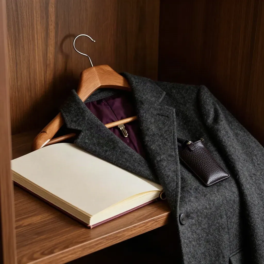 Charcoal blazer aan houten hanger met gesloten notitieboek en leren sleutelpouch in dramatisch licht.