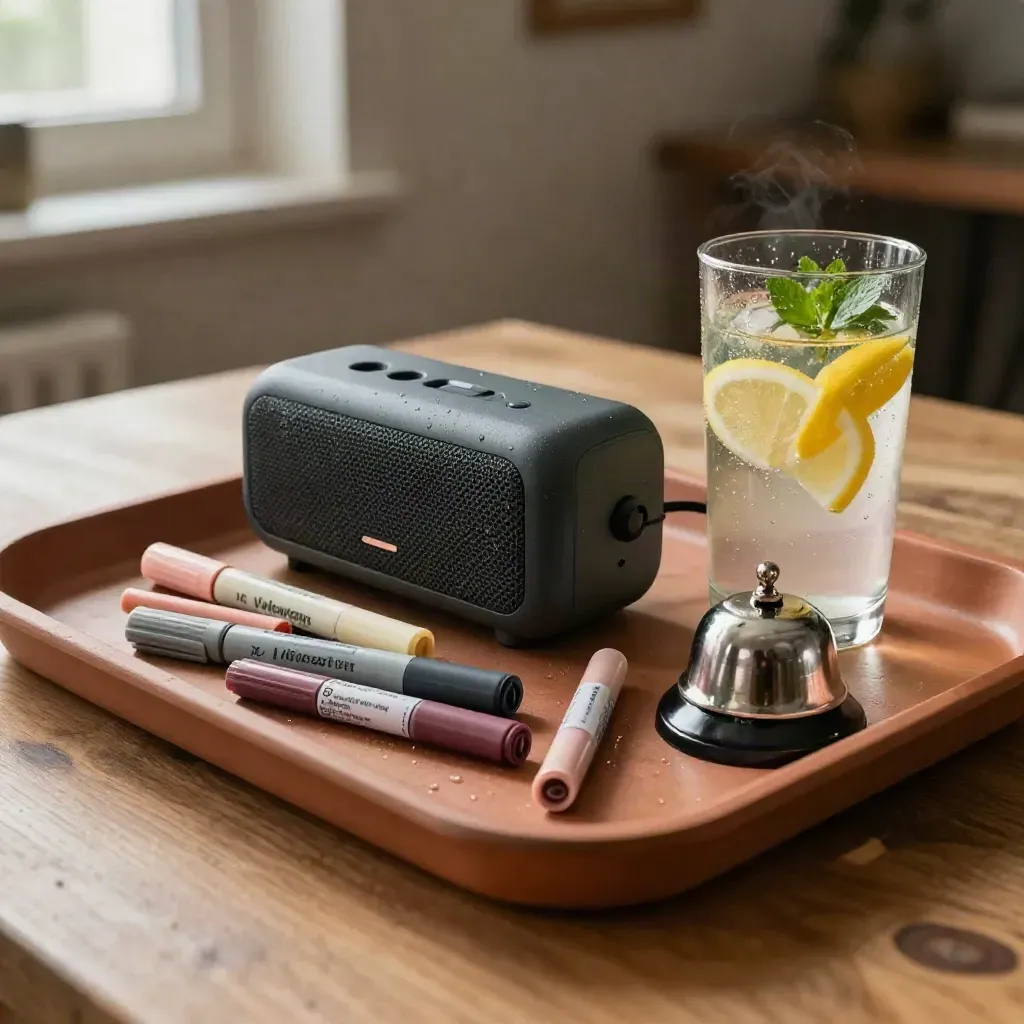 Workshoptray met speaker, markerdoppen, bel en citruswater op warme houten tafel.