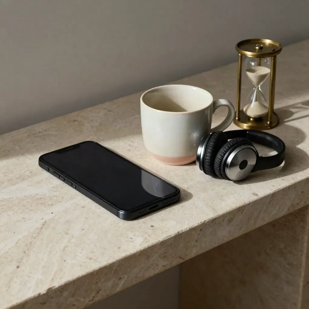 Stille telefoon, kopje, headset en zandloper op een stenen console in zacht zijlicht.