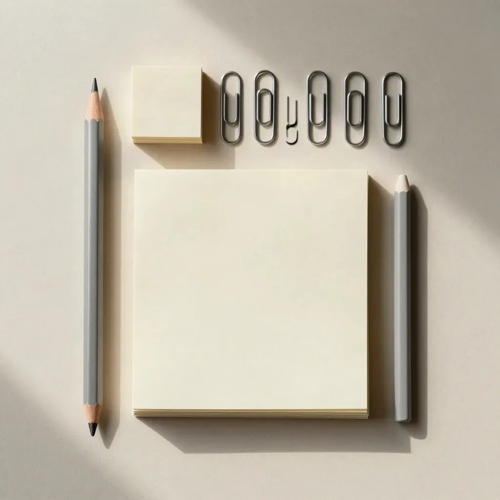Overhead flatlay met kaarten, potlood, sticky-tabs en paperclips op crèmekleurig papier.