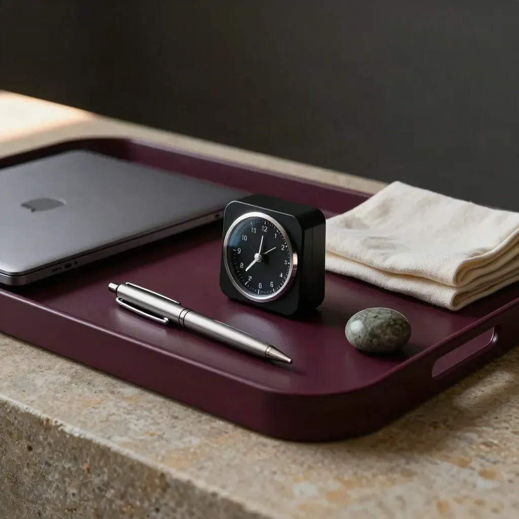 Donker plumkleurig dienblad met timer, notebook, pen, gesloten laptop en steentje op steen, zacht van opzij belicht.