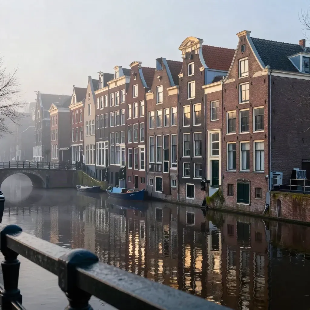 Amsterdamse grachtenpanden en brug in mistig ochtendlicht boven stille waterreflectie