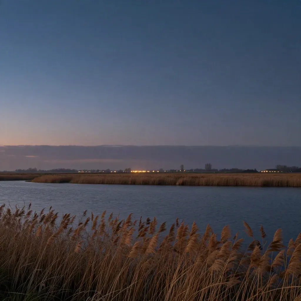 Nederlands horizonlandschap met water, riet en avondmist onder een blauwe schemerlucht