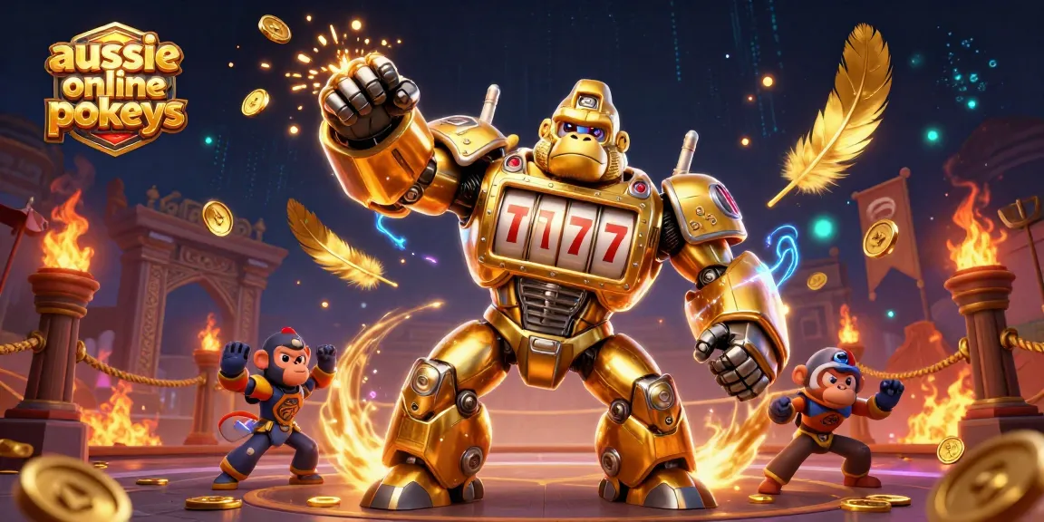 Engage with the excitement of aussie online pokies as a golden gorilla mech triumphantly punches, unleashing coins.