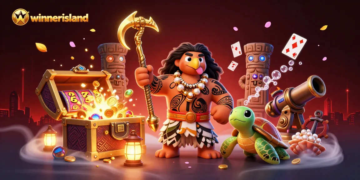 Experience winning fun at winnerisland casino with vibrant characters, slot reels, and dazzling treasures.