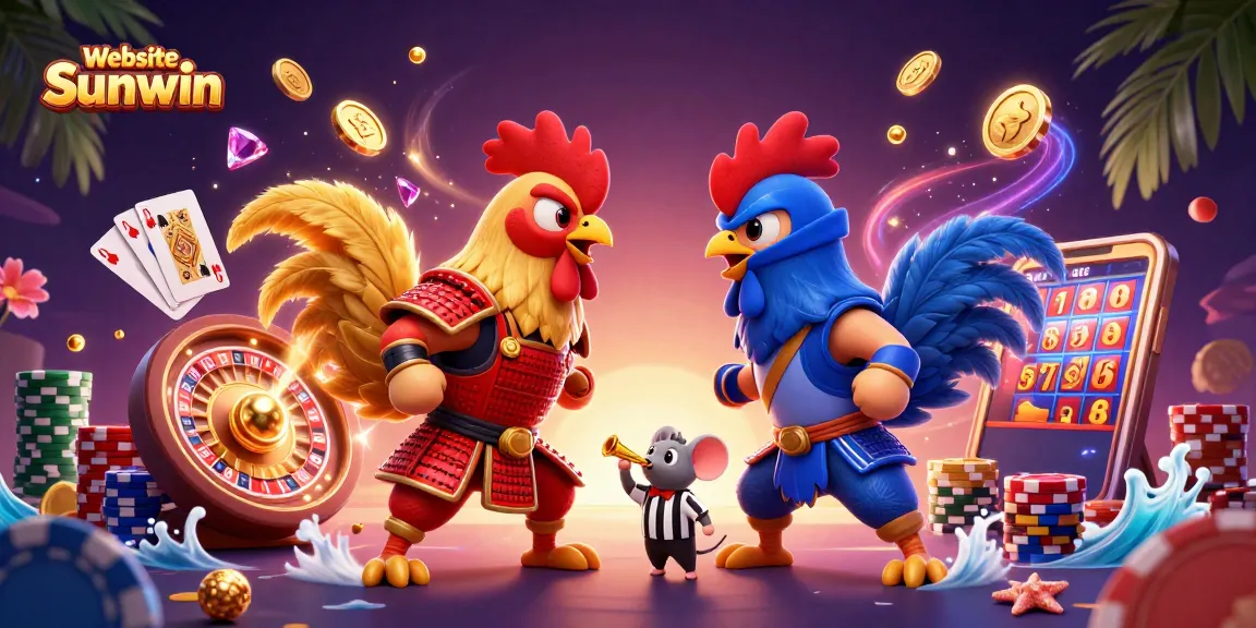 Website Sunwin shines as fighting roosters clash amidst golden coins and vibrant casino elements.