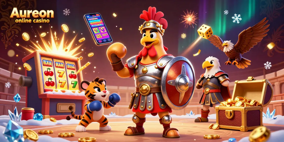 Aureon online casino showcases a vibrant scene with a gladiator rooster amid slot machines and casino excitement.