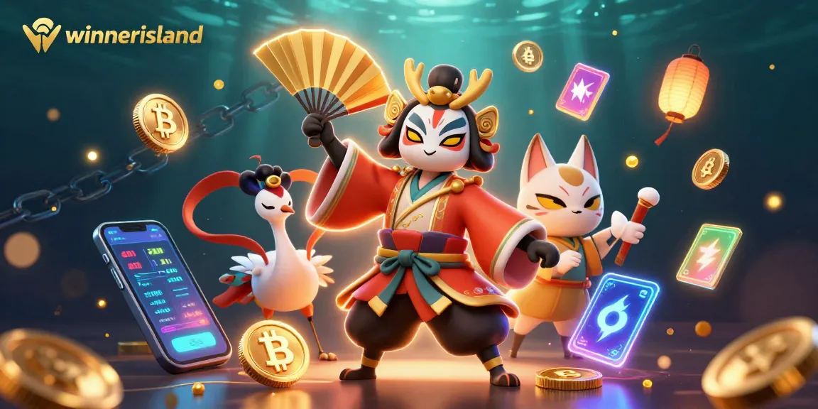 Engage with winnerisland's immersive 3D casino scene featuring kabuki warriors and crypto elements.